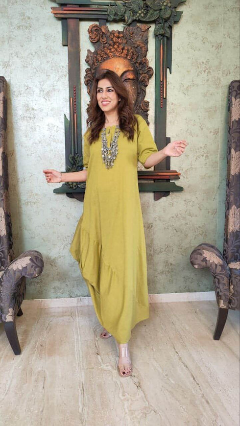 Indo Western Mustard Green Dress With Necklace